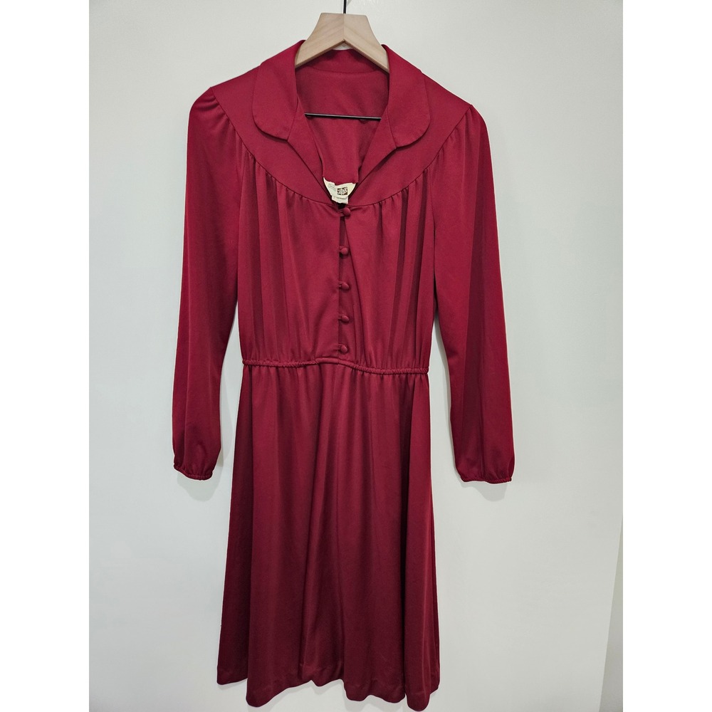 Vintage Sears The Fashion Place‎ Burgundy Red Long Sleeve Button Front Dress 14